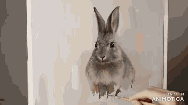 a person is painting a rabbit on a canvas with the words made in animotica visible