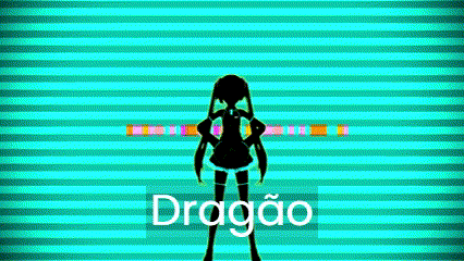 a silhouette of a girl standing in front of a blue and green striped background with the word dragão in white