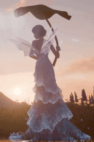 a fairy holding an umbrella in a field