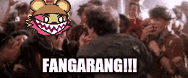 a crowd of people are gathered in a room with the words " fangarang !!! " written on the bottom