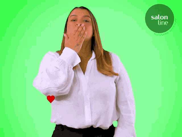 a woman in a white shirt is surrounded by red hearts and a green circle that says salon line