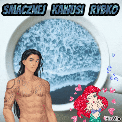 a picture of a man and a mermaid with the words smacznej kawusi rybko