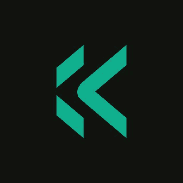 a green arrow on a black background with the letter k in the middle .