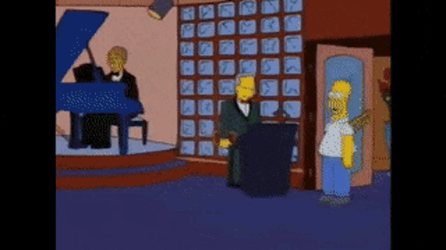 a cartoon of homer simpson standing in front of a podium with a man playing a piano in the background