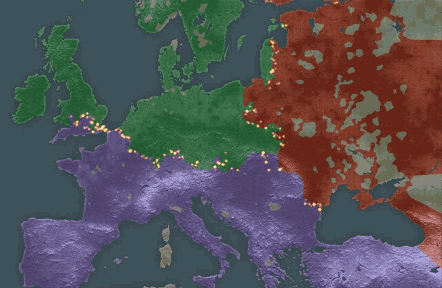 a map of europe divided into purple and red areas