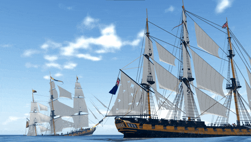 a large ship with a flag on the mast is in the ocean