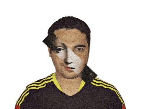 a man in a black and yellow striped shirt has a painting of a woman on his face