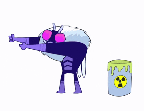a cartoon character is giving a thumbs up next to a trash can with a nuclear symbol on it