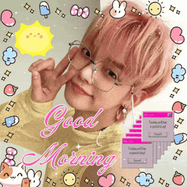 a boy with pink hair and glasses is surrounded by good morning graphics