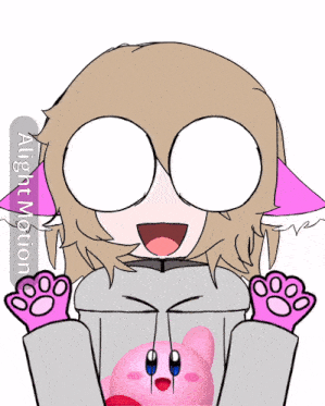 a drawing of a girl with pink ears and paws holding a kirby doll