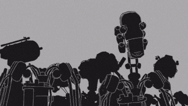 a black and white drawing of a group of robots with their heads visible