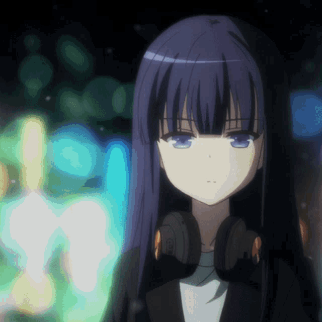 a girl with long purple hair wearing headphones