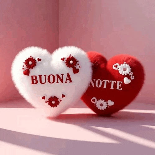 two stuffed hearts with the words buona notte written on them are sitting next to each other on a pink surface .