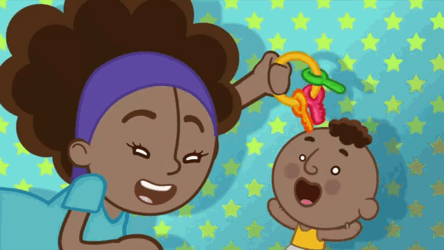 a cartoon of a woman and a baby playing with a rattle