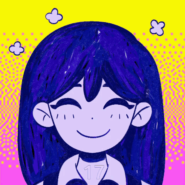 a drawing of a girl with purple hair and the number 17