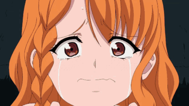 a girl with orange hair is crying with a tear coming out of her eye