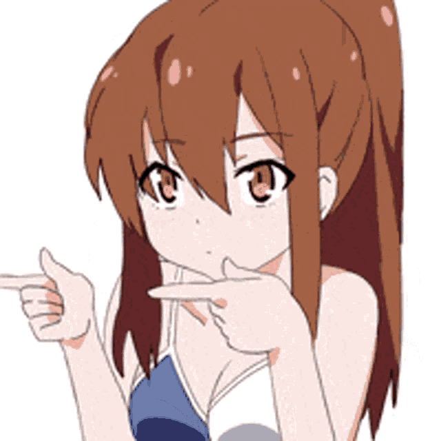 a girl in a bikini is pointing upwards