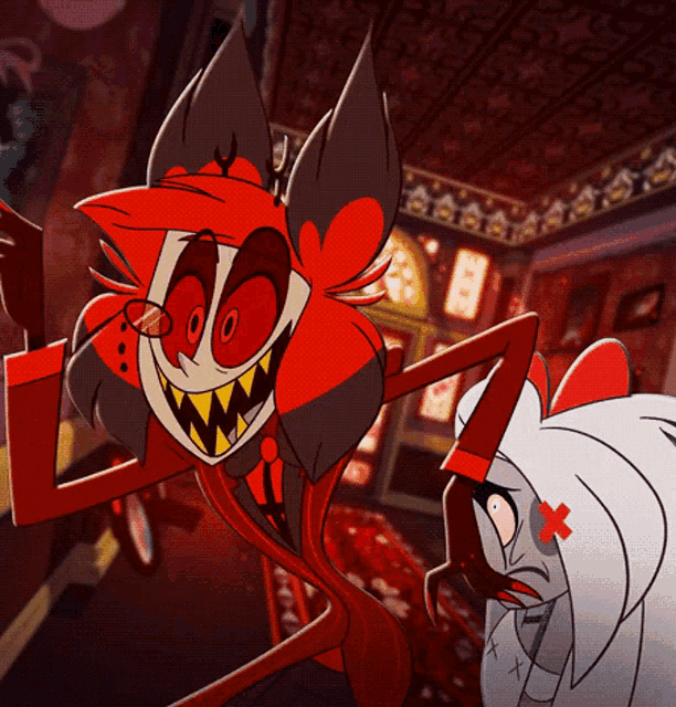 a cartoon character with a red flower on its head