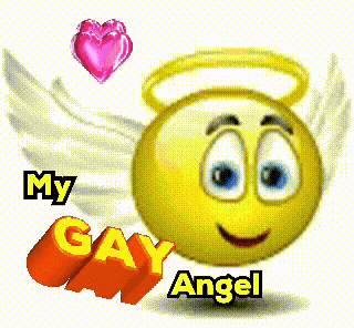 a smiley face with wings and the words " my gay angel " on it