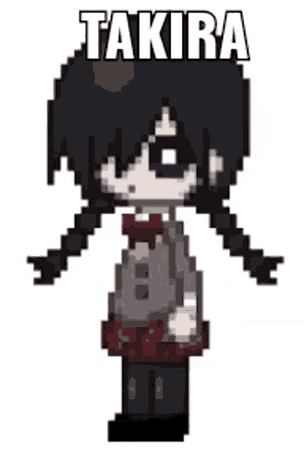 a pixel art of a girl with pigtails and a bow tie standing on a white background .