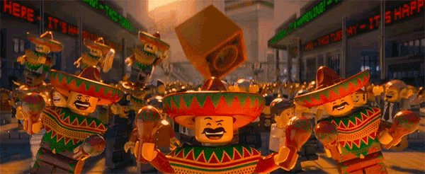 a group of mexican lego characters are dancing in front of a sign that says here it 's happy