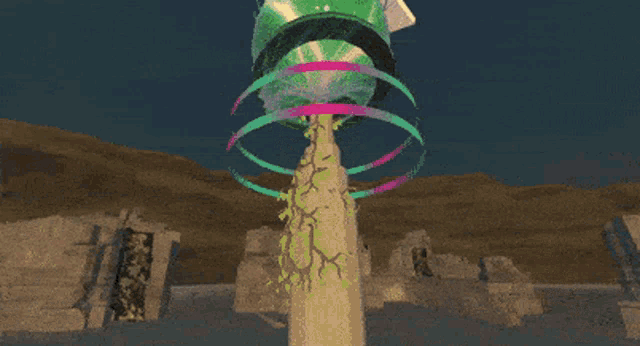 a computer generated image of a green and pink object coming out of a hole in the ground