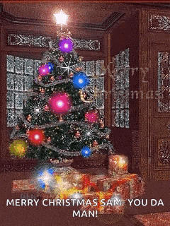 a merry christmas card with a christmas tree in a living room