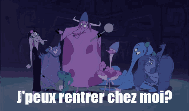 a group of cartoon characters with the words j ' peux rentrer chez moi written below them