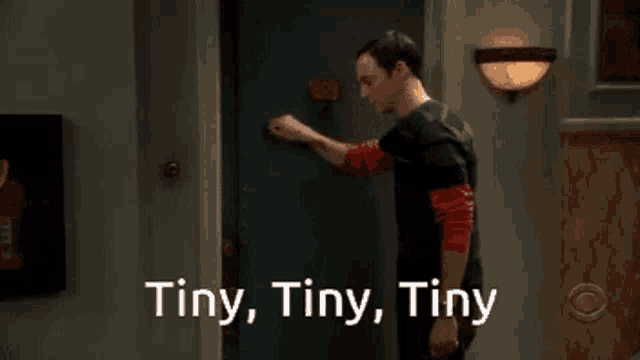 a man is knocking on a door with the words tiny tiny tiny