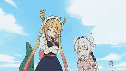two anime girls are standing next to each other with their arms crossed and their eyes closed .