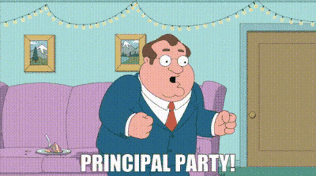 a cartoon character says " principal party " in a living room