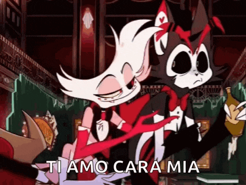 a couple of cartoon characters standing next to each other in a room with the words `` ti amo cara mia '' .