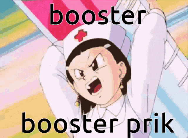 a cartoon of a nurse with the words booster booster prik behind her
