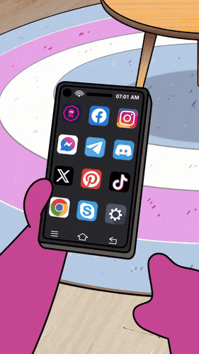 a cartoon character holding a cell phone that says 7:01 am