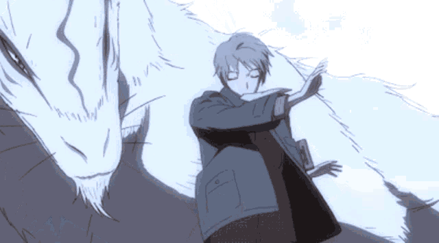 a man standing next to a large white animal