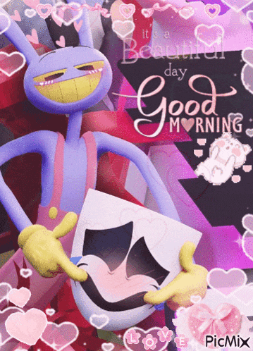 a purple cartoon character holding a piece of paper that says good morning