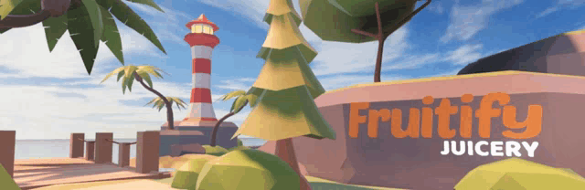 an advertisement for fruitify juicery shows a lighthouse and trees