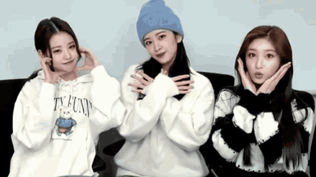 three girls are posing for a picture and one of them is wearing a sweatshirt that says tv funny