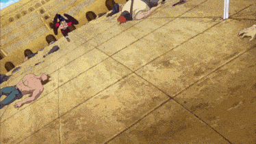 a group of people are laying on a tiled floor in a cartoon scene