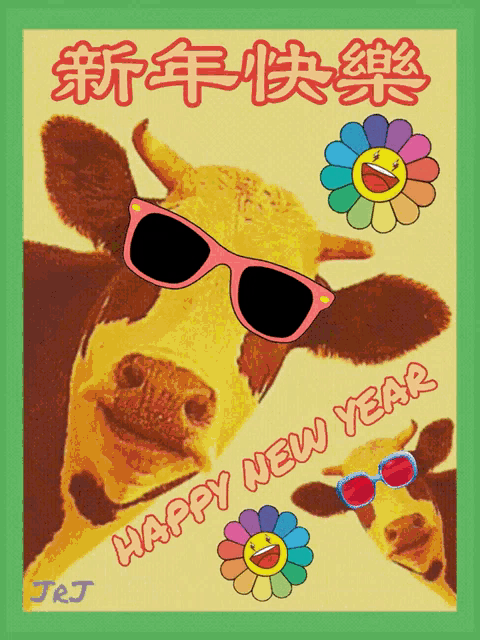 a picture of a cow wearing sunglasses with the words happy new year below it