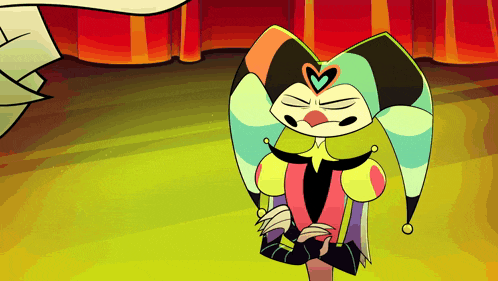 a cartoon character with a heart on his head is standing in front of a red curtain