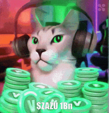 a cat wearing headphones is surrounded by stacks of green coins that say v $ azu 1bn v