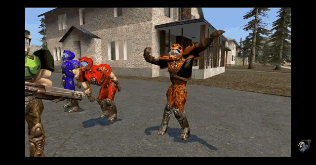 a video game screen shows a group of soldiers standing in front of a house