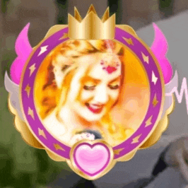 a picture of a woman with a crown on her head in a circle with a heart .