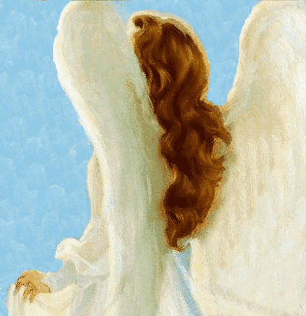 a painting of a woman with long hair and white wings