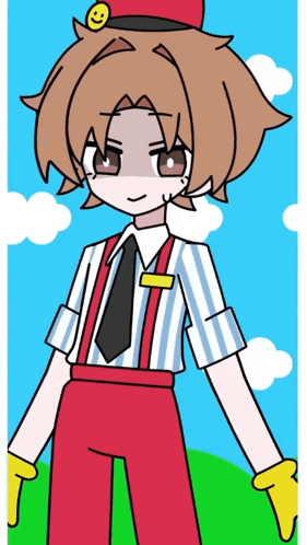 a cartoon of a boy wearing suspenders and a red hat with a smiley face on it