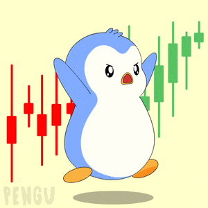 a penguin is standing in front of a stock chart and the word pengu is on the bottom right