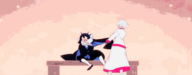 a couple of anime characters are standing next to each other .