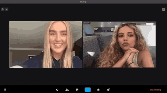 two women are on a video call and the word meeting is on the bottom
