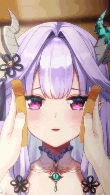 a girl with purple hair and horns is holding a piece of paper to her face